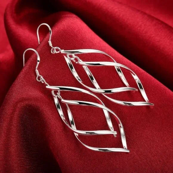 925 Sterling Silver Long Drop Hoop Earrings - Picture 1 of 4